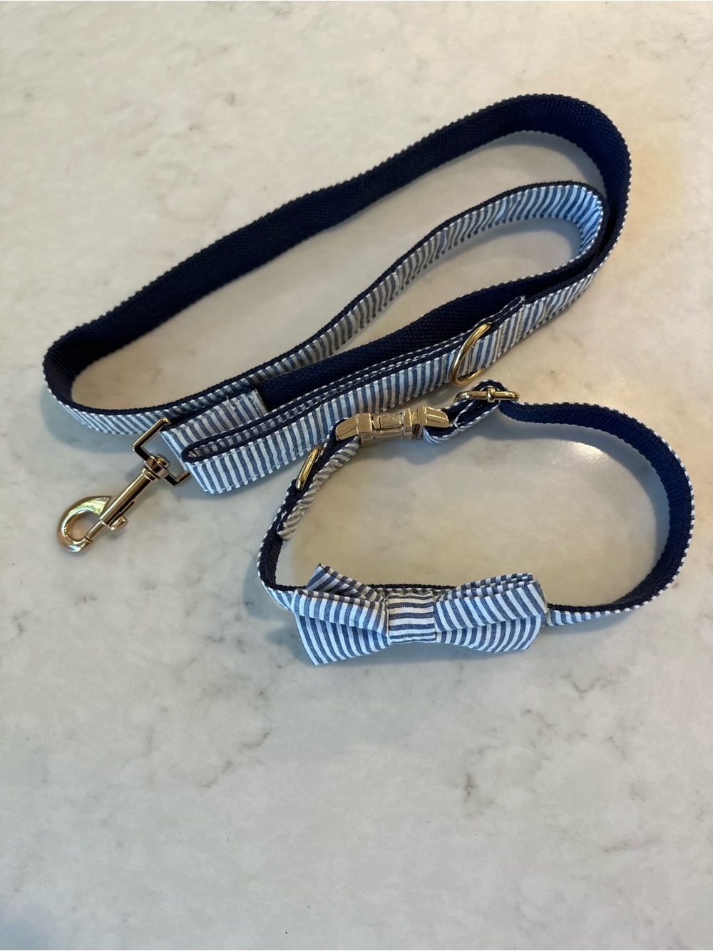 Amazon Navy & White Striped Dog Collar and Leash Set with Bow